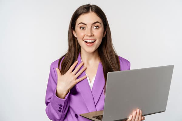 Surprised Excited Businesswoman Holding Laptop Reacting Amazed Smth Awesome Standing Suit White Background